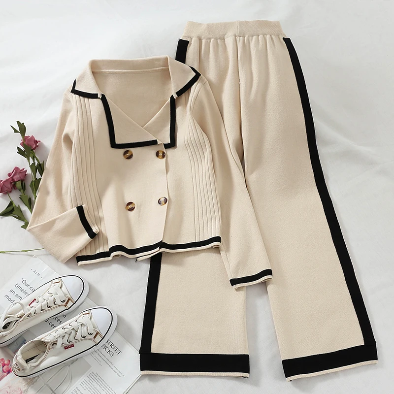 Gagarich Women Two Piece Set Korean New Double-breasted Short Knitted Cardigans Wide Legs Loose Casual Pants Female Suit