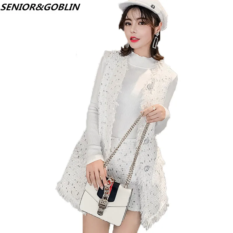 

2019 High Quality Autumn White And Black Tweed 2 Piece Set Women Summer Diamond Button Long Vest jacket Coat+Slim Shorts Suits