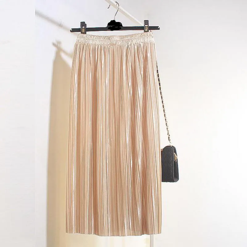 Весенне-летняя новая стильная длинная юбка с эффектом металлик, однотонная плиссированная юбка с высокой талией - Цвет: pink