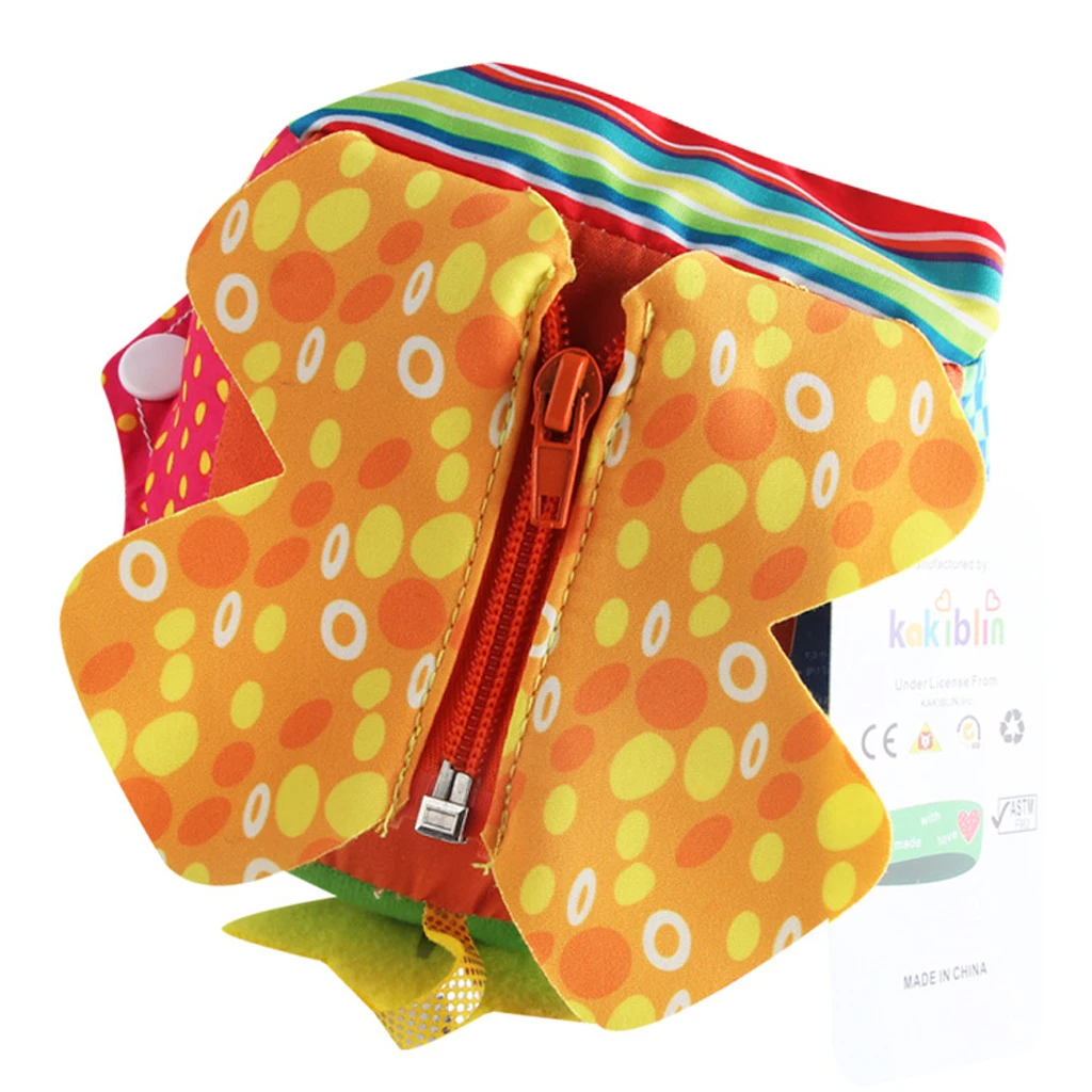 Educational Basic Life Skills Baby Toddler Learn to Dress - 6 in One Crinkle Cloth Cube Toy - Zip Snap Button Tie Puzzle