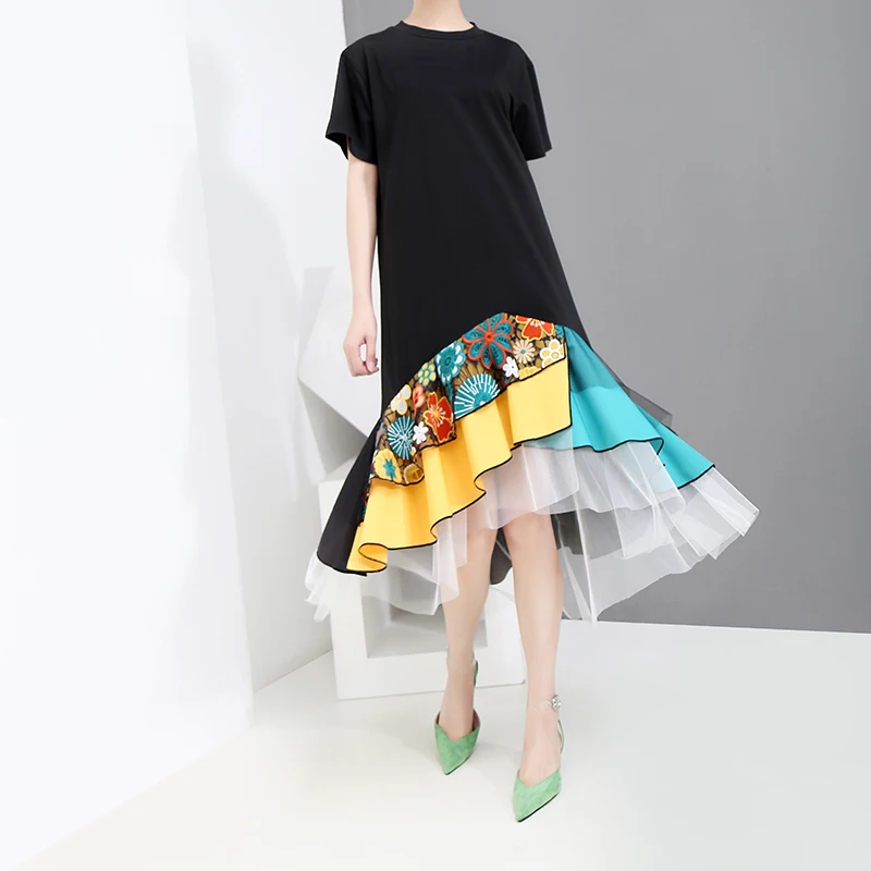 

2019 Summer Korean Irregular Stitching Dress Lotus Leaf Side Dress Geometric Ruffles Loose Casual Dress