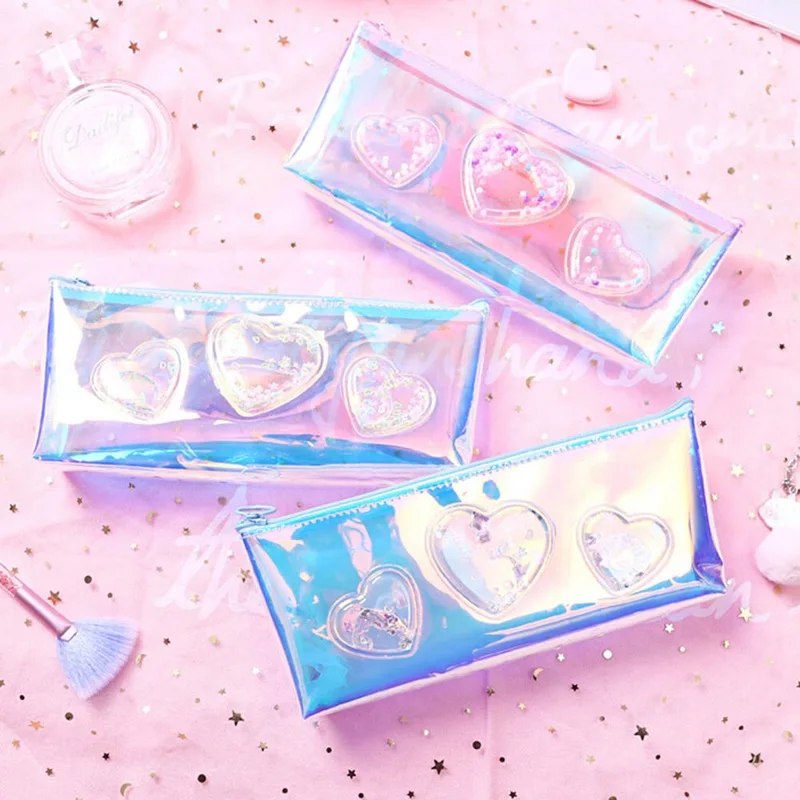 

1Pc Laser Pen Bag Female Quicksand Junior High School Students Simple Transparent Pencil Case