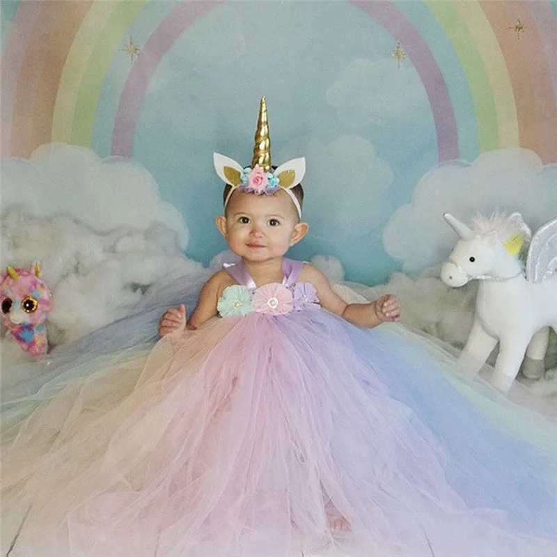 Girls Flower Unicorn Tutu Dress with Headband Pastel Rainbow Dress for Children Pageant Birthday Party Clothing Fairy Costume (10)