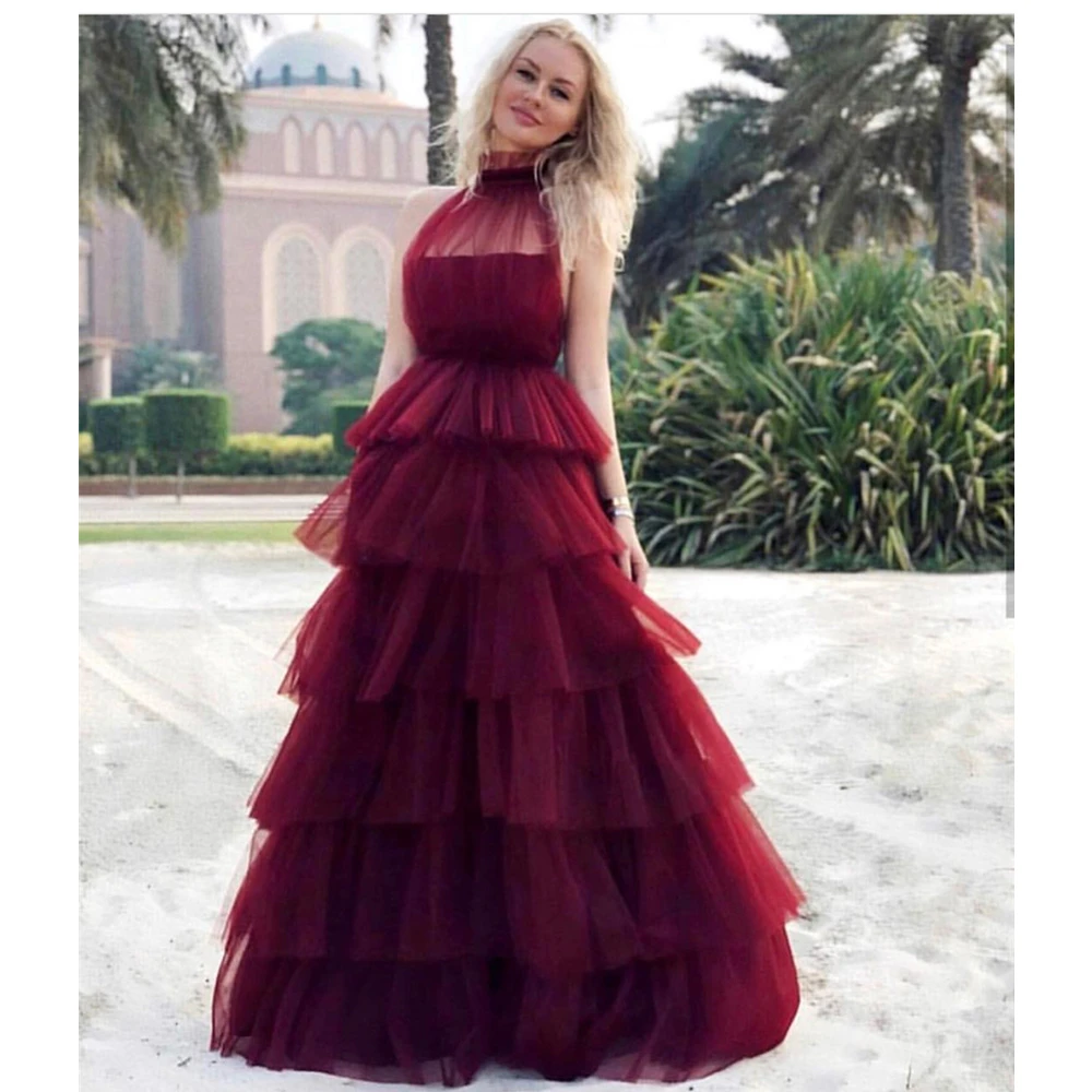 

Burgundy Tiered Tulle Evening Dress 2019 High Neck Sleeveless Puffy Formal Dresses Custom Made Long Party Gowns Robe De Soiree