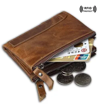 

Crazy Horse Leather Rfid Blocking Wallet for Credit Cards Holder Double Zipper Designer Coin Purse 2017 Trend Men's Money Bag