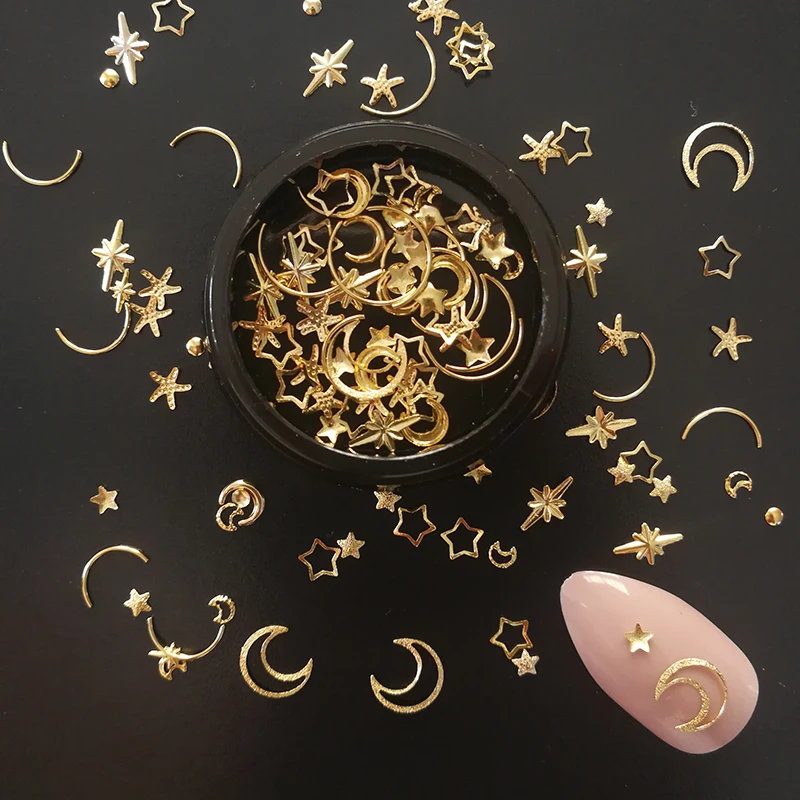 

1box 3D Nail Decorations Gold Star Moon Metal Rivets Mixed Charm Mini Beads DIY Nail Sequins Manicure Nails Art Decorations