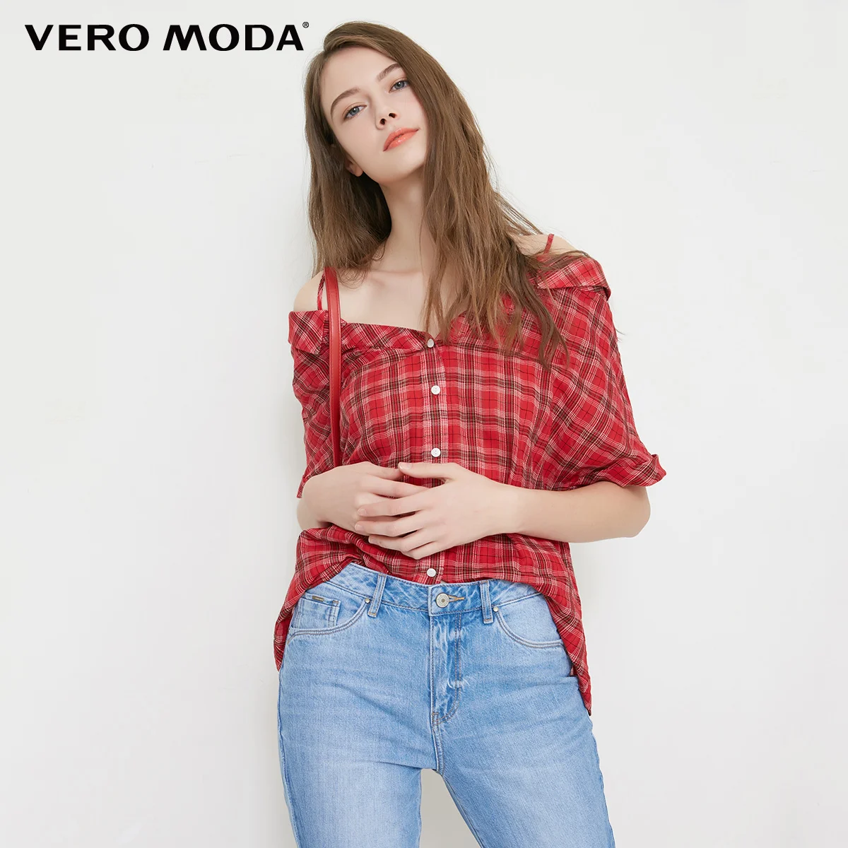 Vero Moda рубашка женская женский топ с открытыми плечами клетчатая рубашка с короткими рукавами | 31836W506 - Цвет: Fiesta