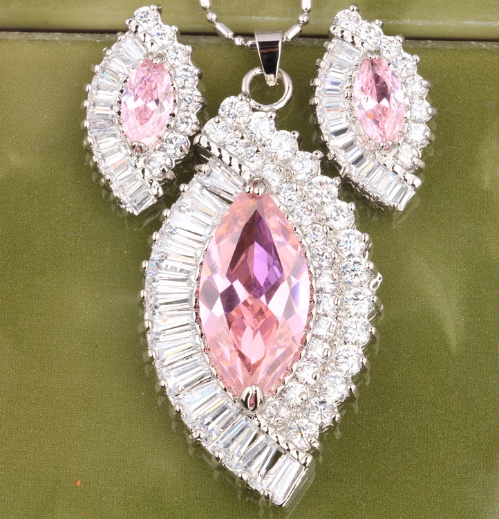

Big Angel Eyes Marquise Attended Crowd Pink White 925 Sterling Silver Jewelry Sets Earring Pendant S8482