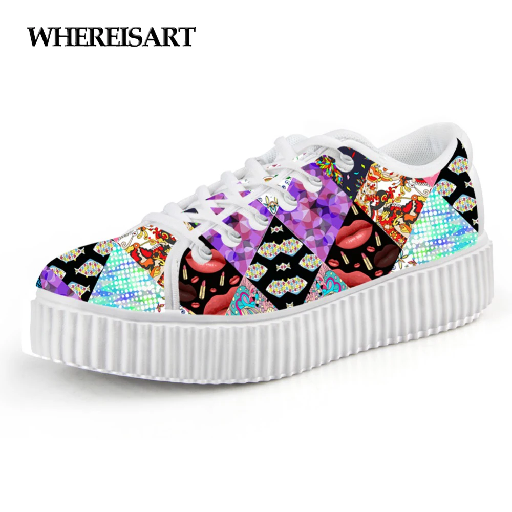 

WHEREISART 2019 Autumn Fashion Women's Flats Platform Shoes Mixed Color Patchwork Brand Female Lace-up Breathable Creeper Shoes