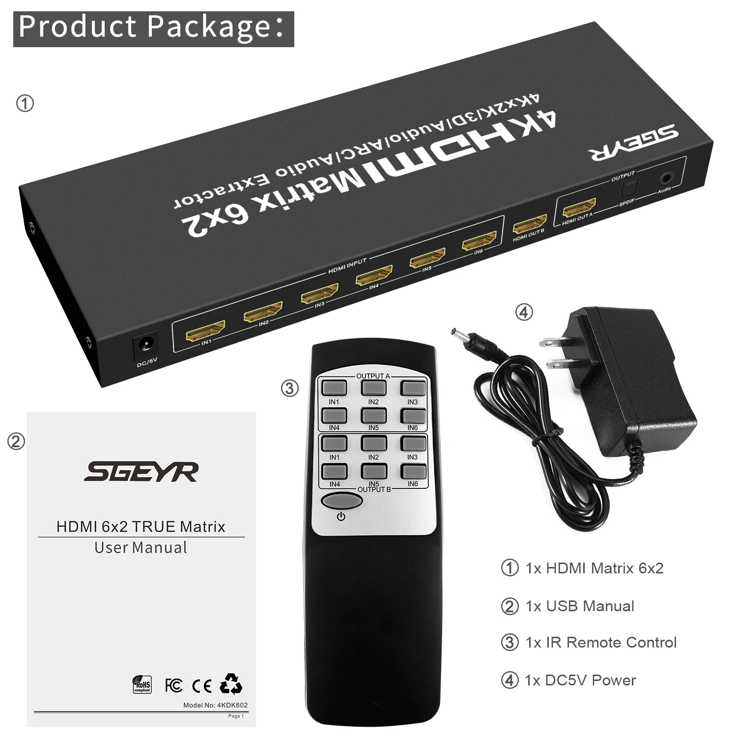 6x2 HDMI матричный коммутатор 4K x 2K 6 in 2 out HDMI Матричные мониторы сплиттер коммутатор с пультом дистанционного управления SPDIF+ 3,5 мм аудио экстрактор