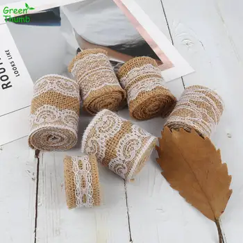 

20pcs 1m/roll Lace Burlap Linen Ribbon Roll 2.5/5/6cm Natural Jute With White Lacework Handmade DIY Wedding Decorative