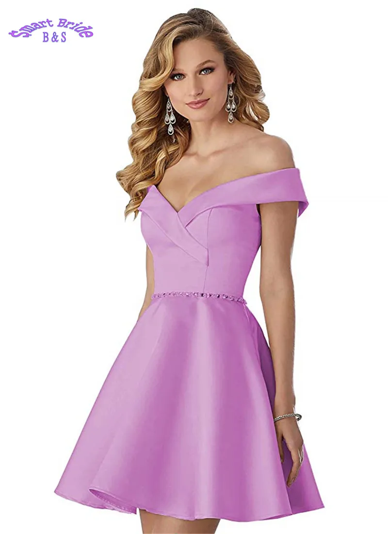 От плеча Homecoming платья 2019 короткие, с бисером атласная-line V шеи вечерние торжественные для Для женщин HDV3