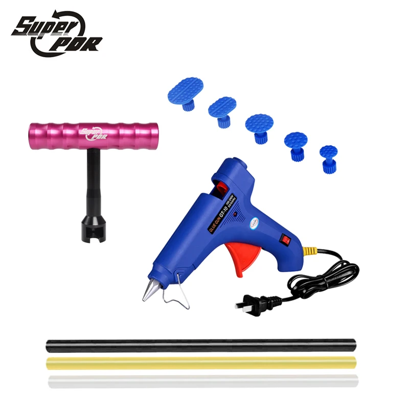 

Super PDR Tools kit Paintless Dent repair tools small red T dent puller glue gun glue sticks 10 pcs Dent Removal hand tools set