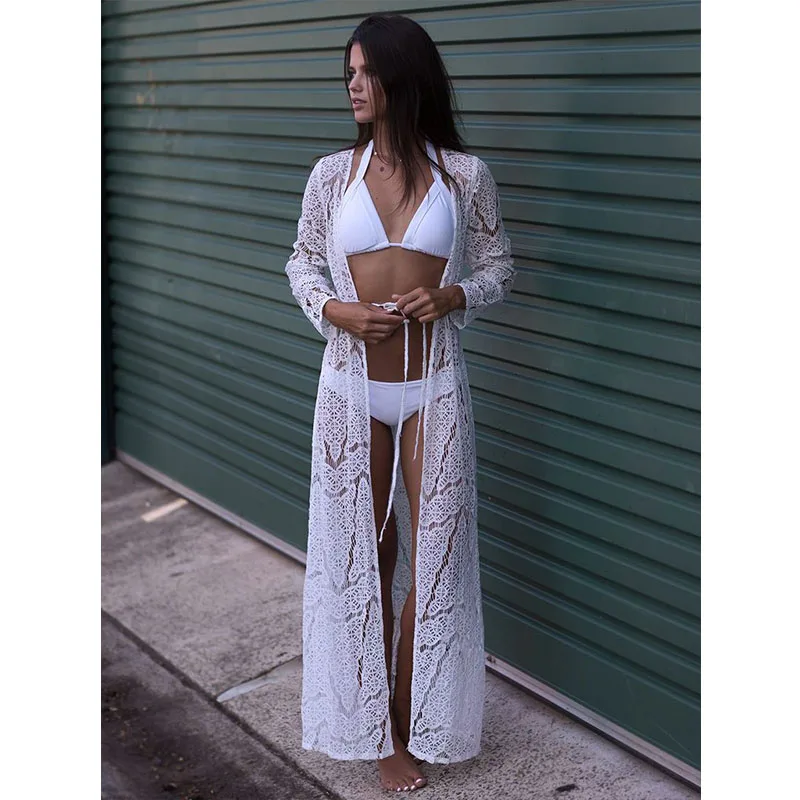 Boho Chic платья длинное пляжное платье Летнее белое кружевное парео женское