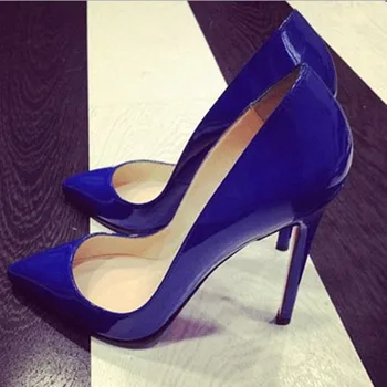 

shofoo shoes.Elegant style women's shoes, blue leather, 12 cm high heel shoes, ladies high heels, pointed toe pumps.SIZE:34-45