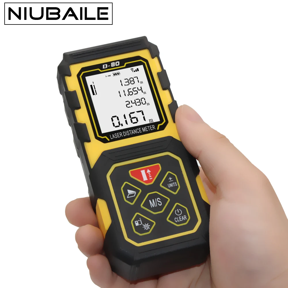 

NIUBAILE Laser Range Finder 80M Electronic Laser Distance Meter Measure Tape Laser Rangefinder Area-volume-Angle Tester D80-Y