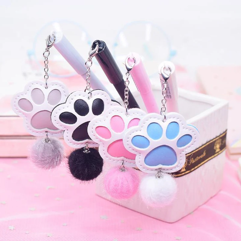 

1 Pcs Cute Cat Claw Paw Plush Ball Pendant Gel Pens Black Colored Stationery Office School Supplies For Writing Pens Cute 0.5mm