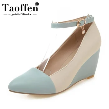 

Taoffen Women Pumps Mixed Color Pointed Toe Ankle Buckle Wedges Shoes Fashion Office Ladies High Heels Shoes Women Size 34-43