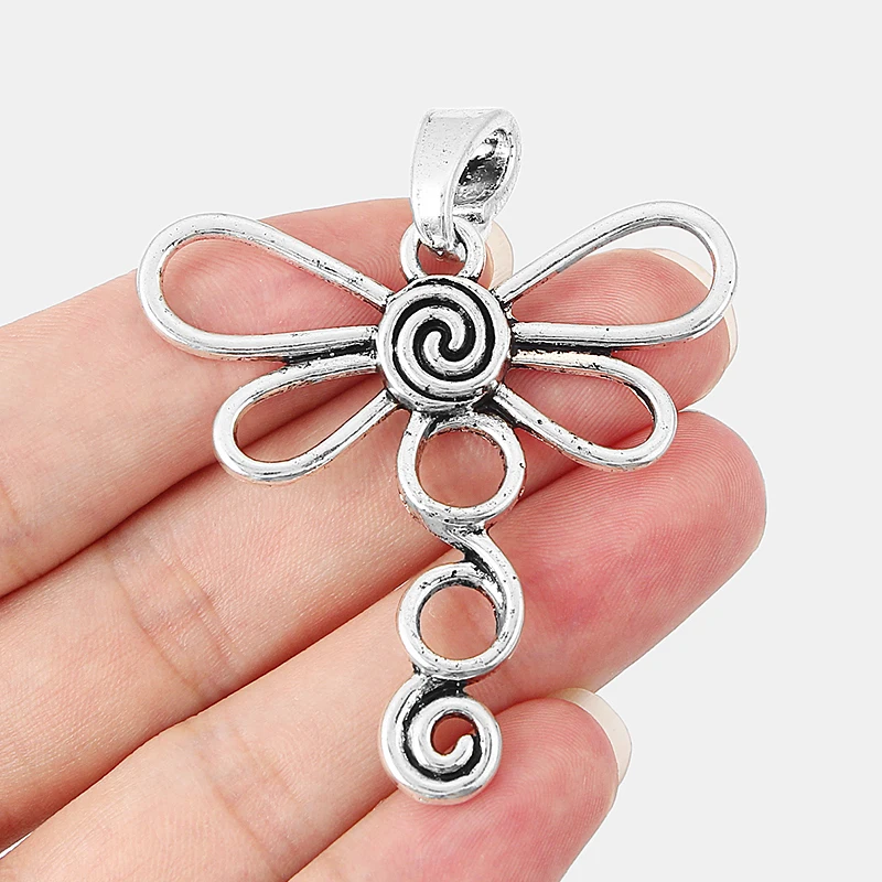 

2pcs Antique Silver Hollow Open Swirl Spiral Pattern Dragonfly Pendant For Necklace Jewelry Making Findings 53*50mm