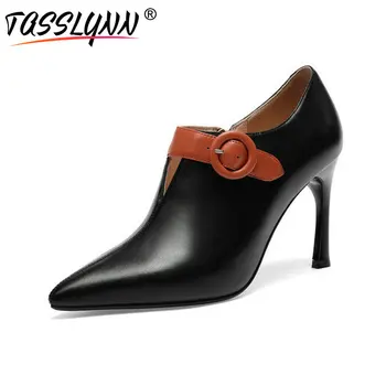 

TASSLYNN 2018 Women Pumps Elegant Office Pointed Toe Cow Leather /PU Women Shoes Dress Thin Heels Buckle Shoes Woman Size 34-39