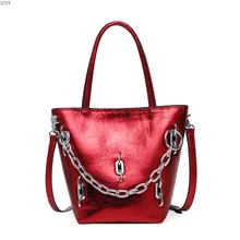 ICEV простой моды ведро цепи Ruched Сумки из кожи Сумки Для женщин известных брендов Для женщин кожаные сумочки блестками