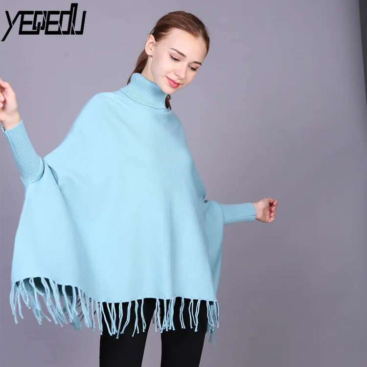 

#3330 Batwing Sleeve Knitted Sweater Women Tassel Thick Turtleneck Oversize Pull Femme Hiver Loose Inverno Feminino Poncho