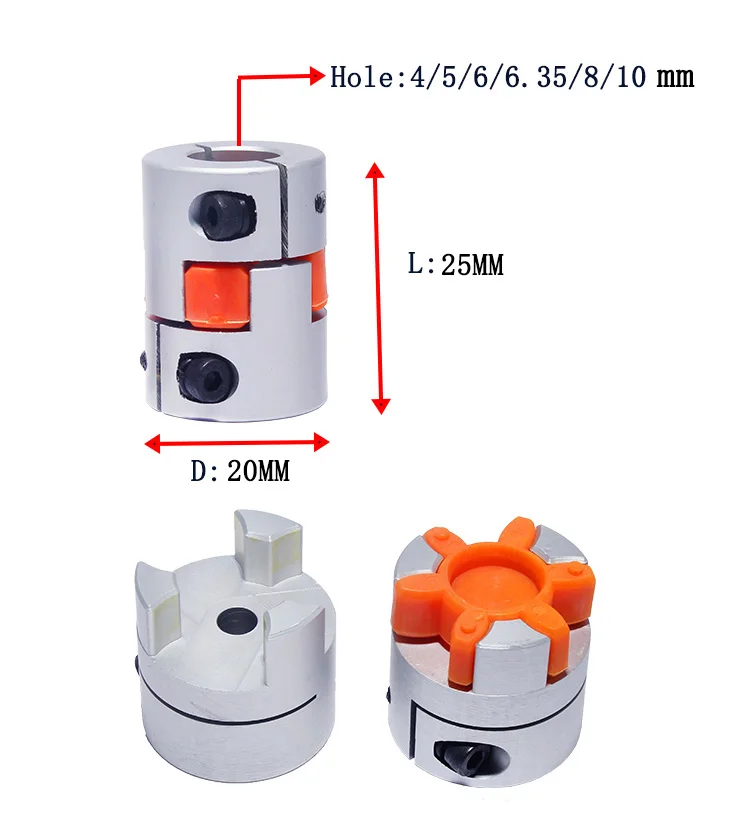 Acopladores de eje de mandíbula de Motor CNC Acoplamiento de eje de ciruela de araña Flexible D20 L25 4mm 5mm 6mm 6,35mm 8mm 9mm 10mm acoplamiento elástico