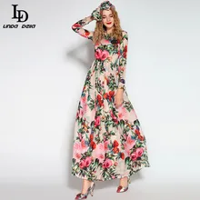 LD LINDA DELLA 2018 взлетно-посадочной полосы Макси платье Для женщин с длинным рукавом блестками Бисер с цветочным рисунком розы с принтом птиц длинное платье с шарфом