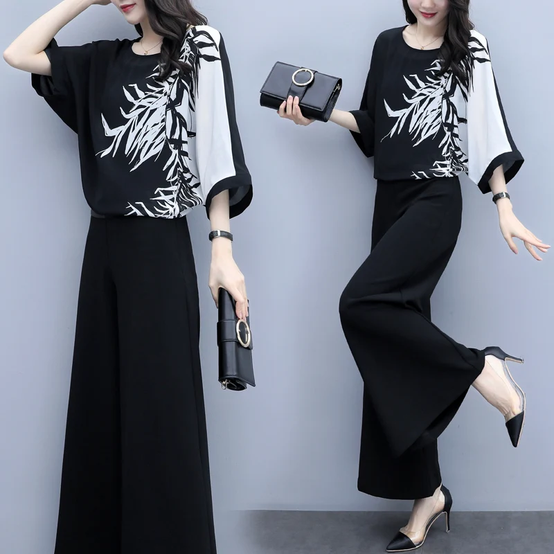 

Fashion Summer Office Women 2 Piece Set Batwing Sleeve O Neck Shirt +Full Length Pants Women's OL Suit Large Size 4XL