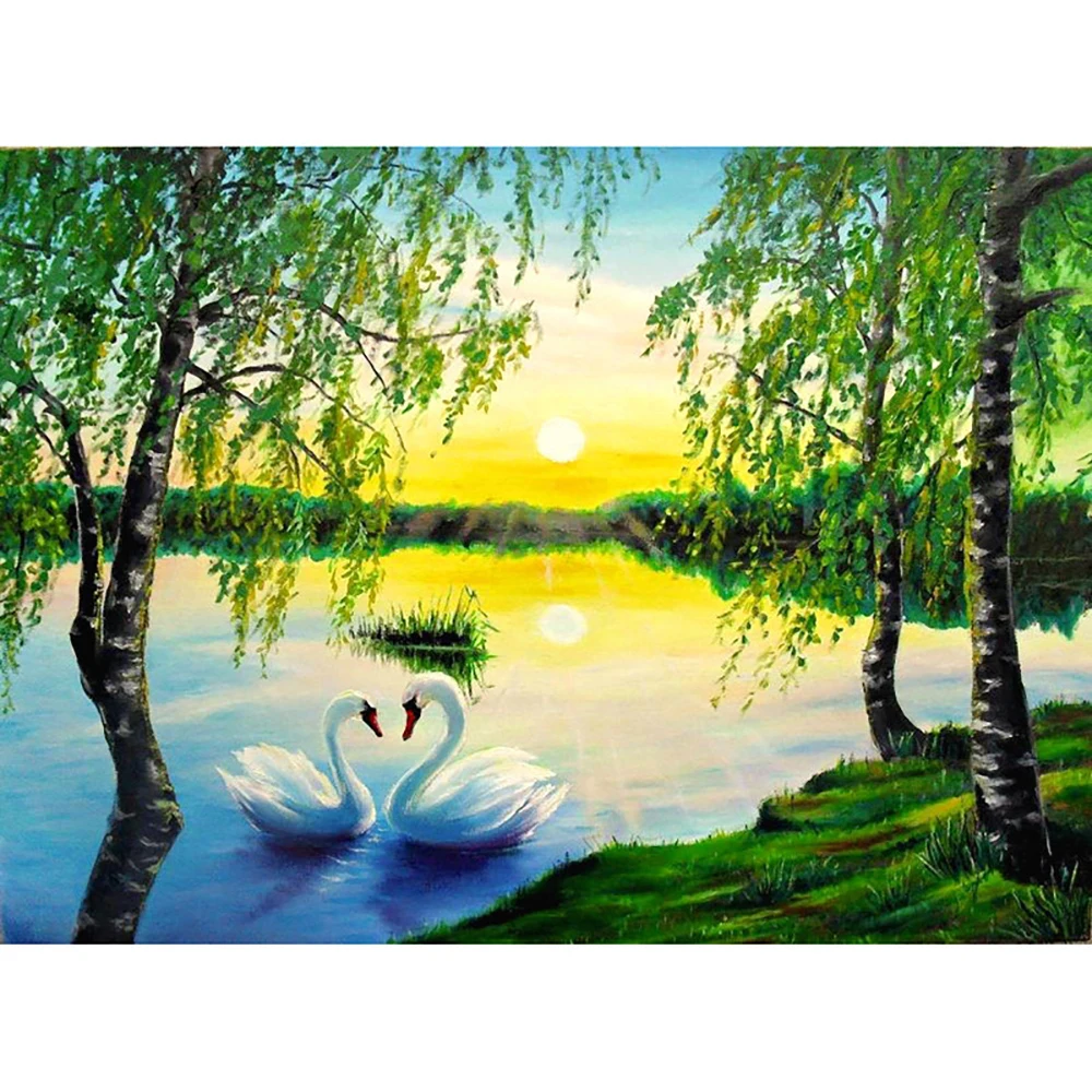 Full Drill Square 5D DIY Diamond Painting Swan Riverside sunset scenery Embroidery Cross Stitch Rhinestone Mosaic decor | Дом и сад