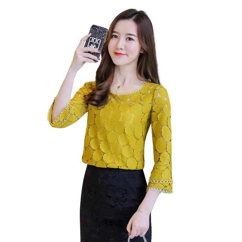  2019 Spring Autumn Korean Women Hollow Out Lace Blouses Shirts Female Fashion Loose Flare Sleeves O