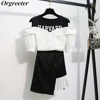 

Summer New Women Off shoulder Letter Print Short-sleeved Tshirt & Pleated Irregular Skirt 2 piece Students Short Skirt Set