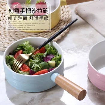 

Creative Bamboo And Wood Handle Fruit Salad Western Style Dessert Breakfast Snack Noodle Bowl Ceramic Tablew