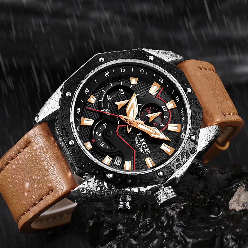 LIGE Mens Watches  New Fashion Chronograph Military Sport Watch Mens Casual Leather Waterproof Quartz Watch Relogio Masculino