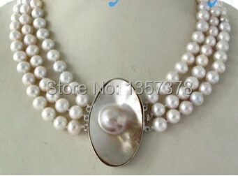 

bjc 000478 3 Strands 10-11mm Cream A Round Freshwater Pearl Necklace Mabe Blister Clasp