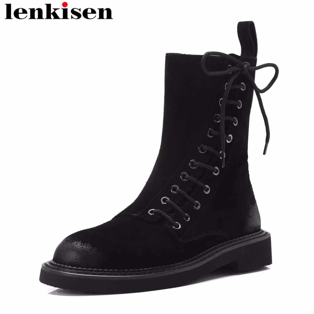 

Lenkisen preppy style natural leather round toe low heels lace up art design bowtie keep warm all-match women ankle boots L38