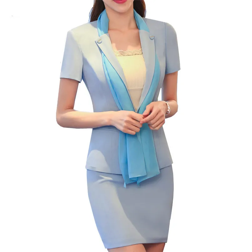 

2017 Summer slim office uniform designs woman business suit scarf collar blazer+skirts