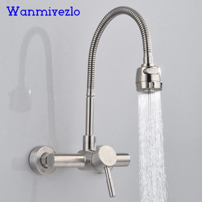 

Stainless Steel Wall-Mounted Hot And Cold Faucet Double-Hole Sink Basin Laundry Pool Faucet Universal Rotation