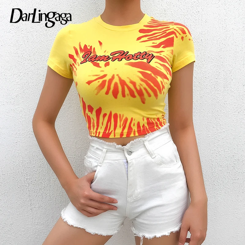 

Darlingaga Cotton Yellow Tie Dye Summer T Shirt Women Bodycon Casual Cropped T-shirts Harajuku Short Sleeve Crop Top Tee Clothes
