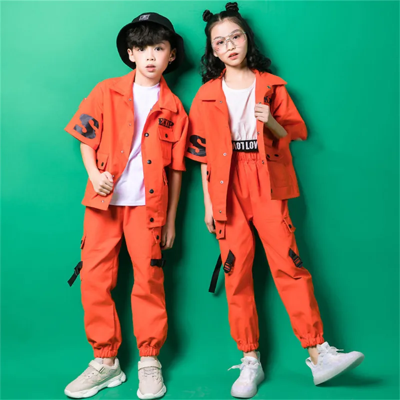 Three-piece Suit Hip Hop Clothing Kids Orange Coat Long Sleeve T-Shirt Clothes Boys Girls Jazz Street Dance Costumes Clothes (4)