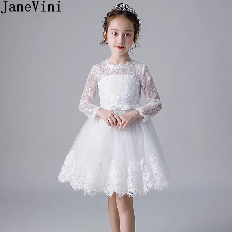 JaneVini/Белое Кружевное детское рождественское праздничное платье с длинными рукавами, короткое платье до колена с цветочным узором для