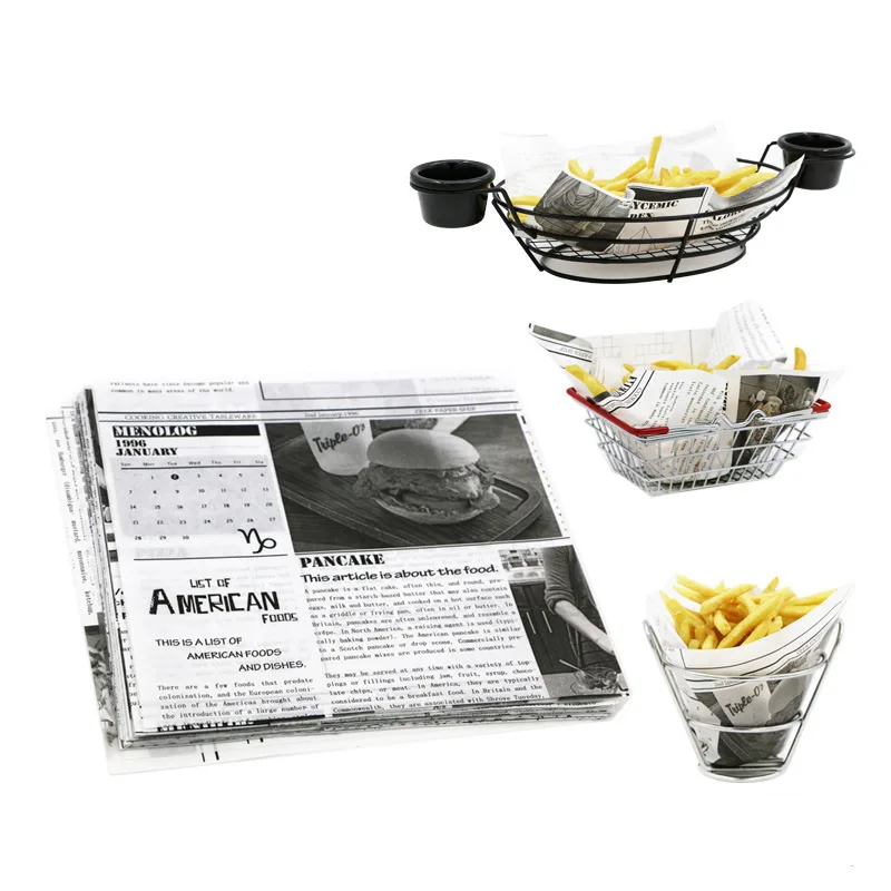 

Food Grade Food Sheet Newspaper Design Food Grade Wax Coated Paper Black And White Wraping Oil-Absorbing Packing Sheet 50/100pc