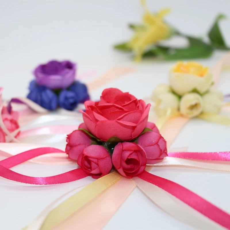

5 Colors Handmade Custom-made Silk Rose Artificial Flowers Female Guest Hand Flower Bridesmaid Bride Wrist Flower For Wedding