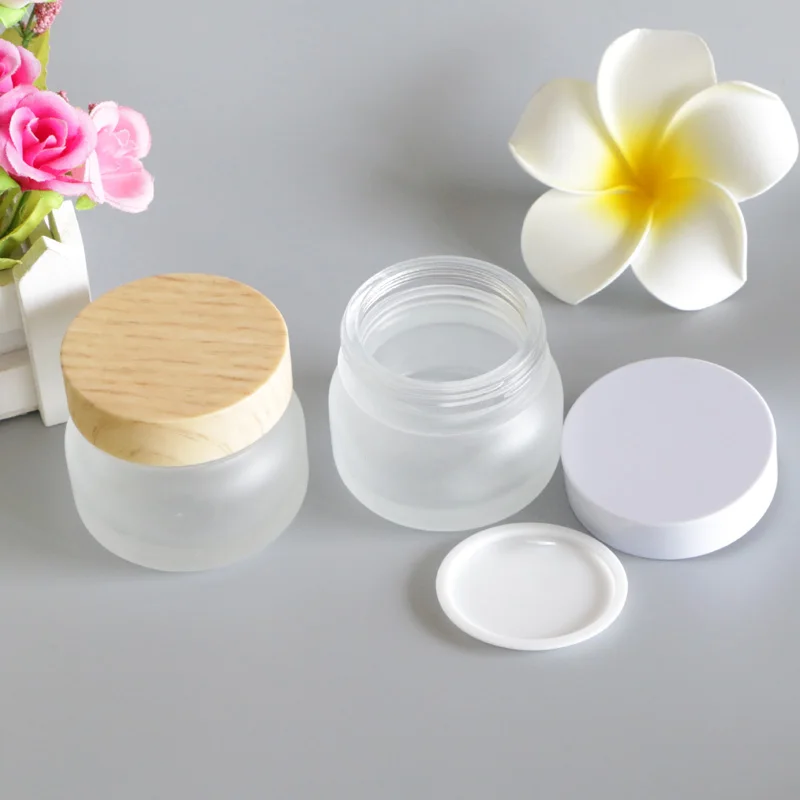 

50g Bamboo Cap Wood Lid Glass Frosted White Cosmetic Cream Packaging Bottles for Makeup Eye Face Skin Care Lotion Mask 50pcs/lot
