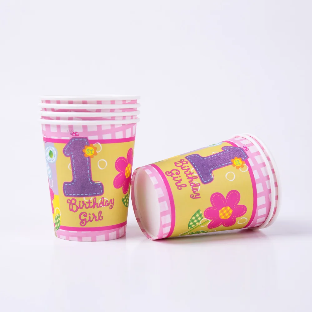 

6pcs/lot Pink Small Girl plate Paper cups Birthday Party Decoration Baby shower Girl Wedding Decorations Tableware Suit