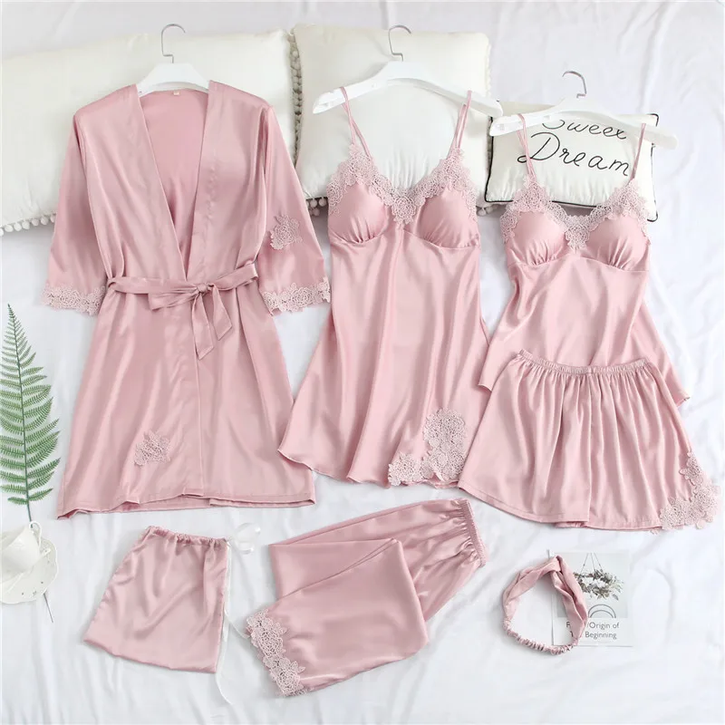 7 шт., Шелковый Атласный Женский пижамный комплект, кружевные сексуальные пижамы, женские пижамы, летняя Домашняя одежда, Пижама для женщин с нагрудной накладкой 935 - Цвет: pink