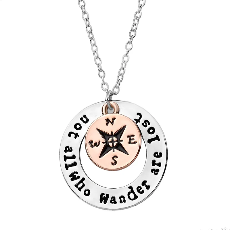 10PCS / LOT New Inspirational Compass Necklace "Not All Who Wander Are Lost" Pendant silver Pendant Necklaces Wholesale Jewelry