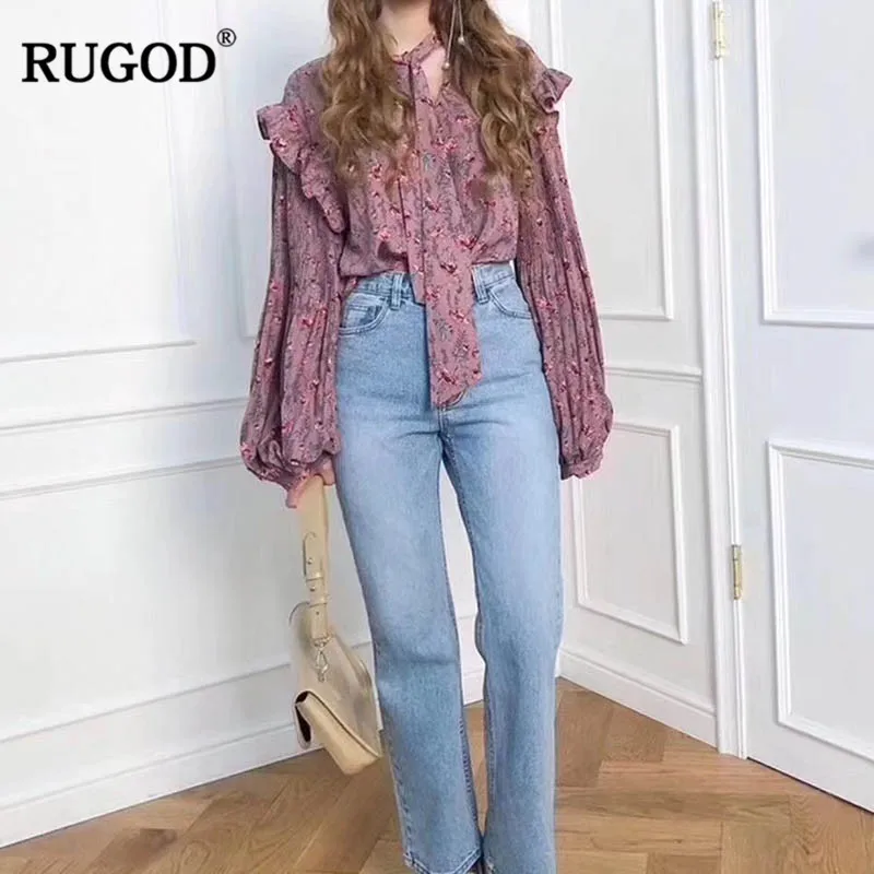 RUGOD винтаж лук выдалбливают рубашки блузка для женщин фонарь с длинным рукавом