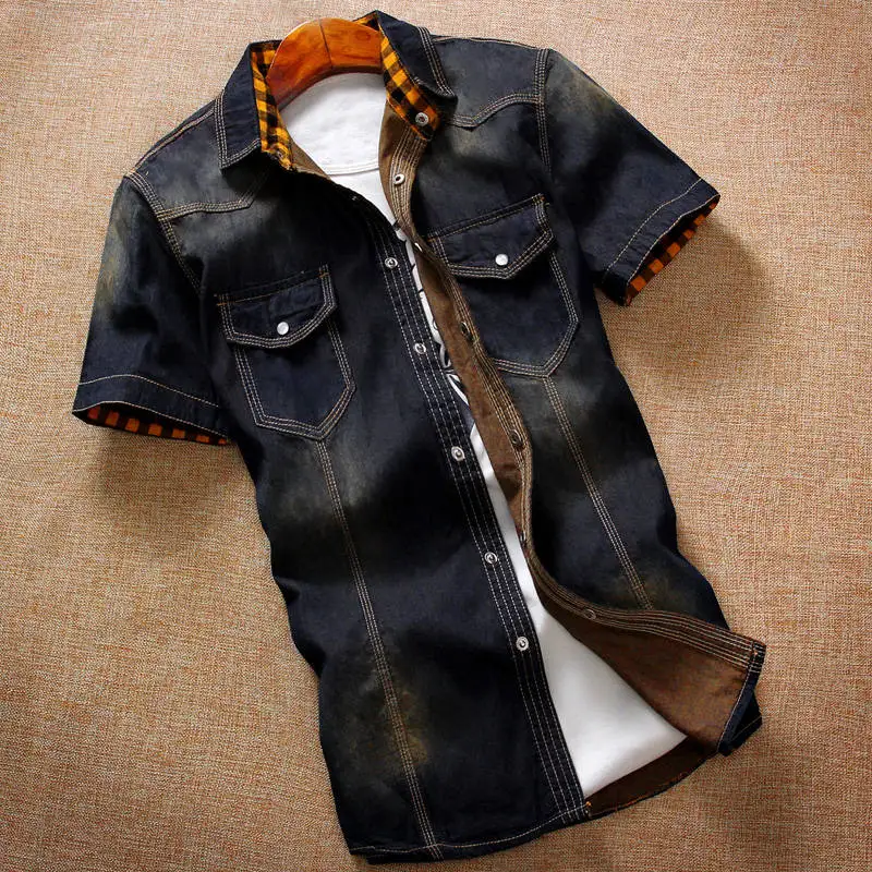 VERSMA летняя хлопковая джинсовая повседневная мужская джинсовая рубашка с коротким рукавом приталенная ковбойская рубашка мужская брендовая одежда - Цвет: Black