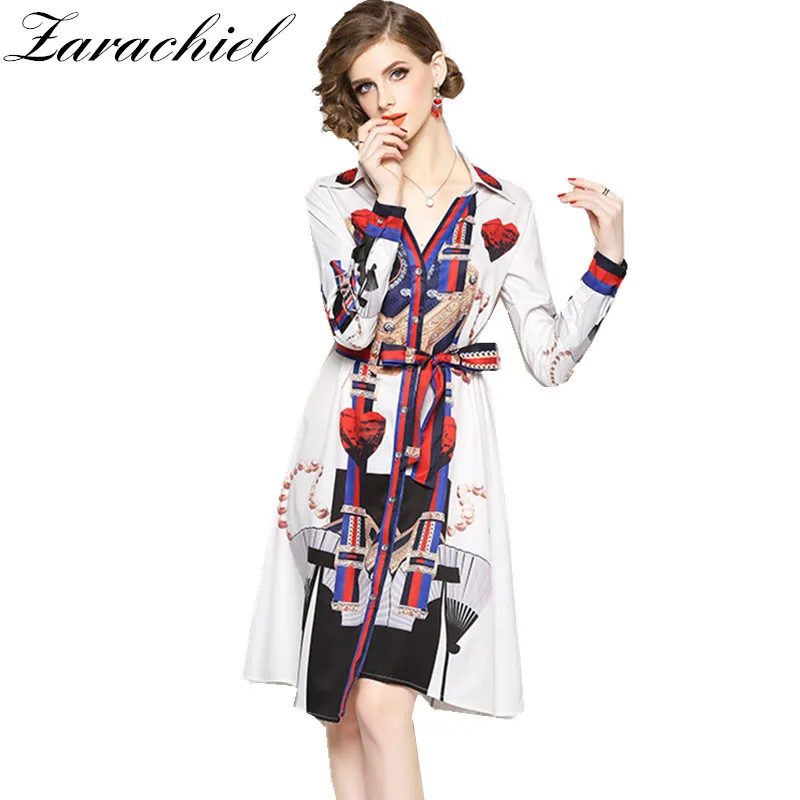 

Women Vintage Printed Striped Party Dress Female Elegant V Neck Lace-Up Bow Belt Button Down Shirt Dresses Irregular Vestidos